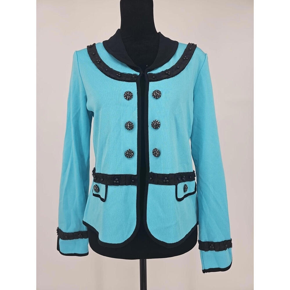 Toula Women's‎ Wool Cardigan Small Blue Knit Sweater Black Rhinestone Buttons